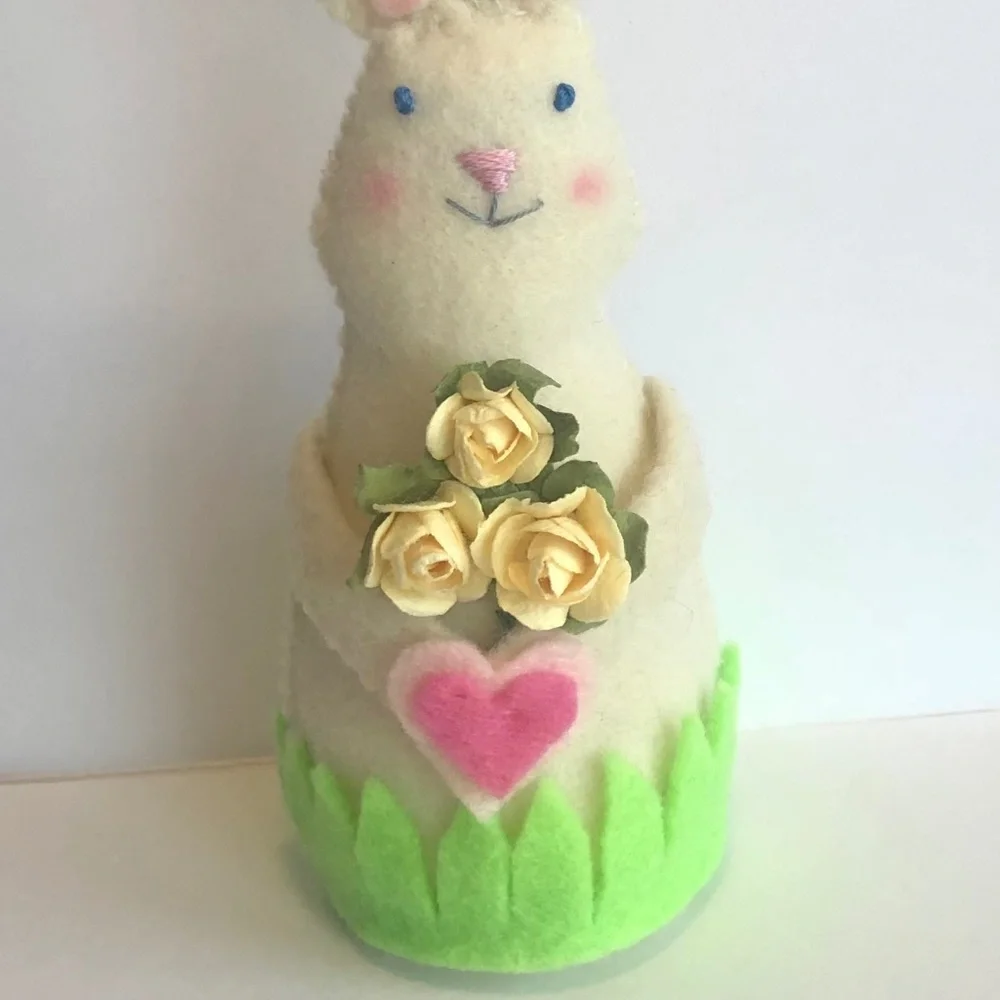 Bunny art doll holding yellow roses hand-sewn handmade heart